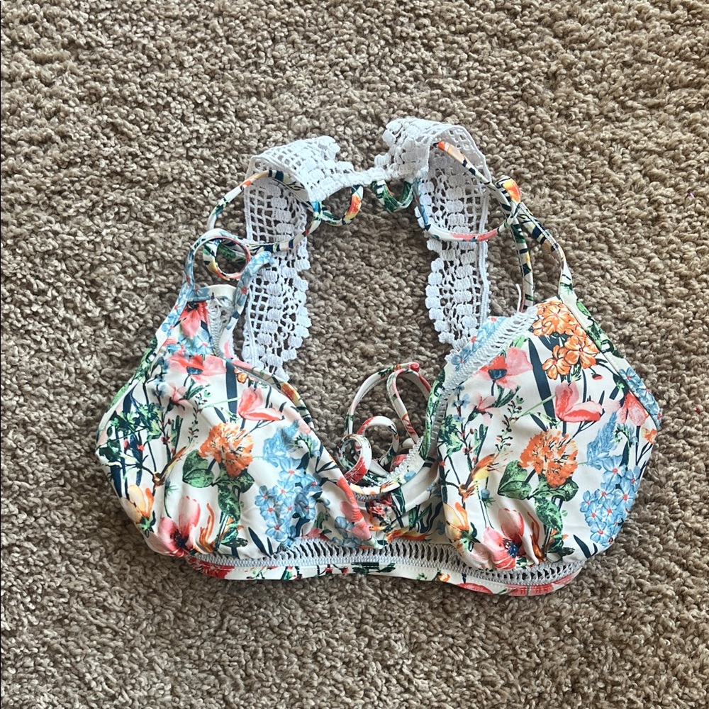 Lucky Floral Crochet Back Bikini Top - Size Medium